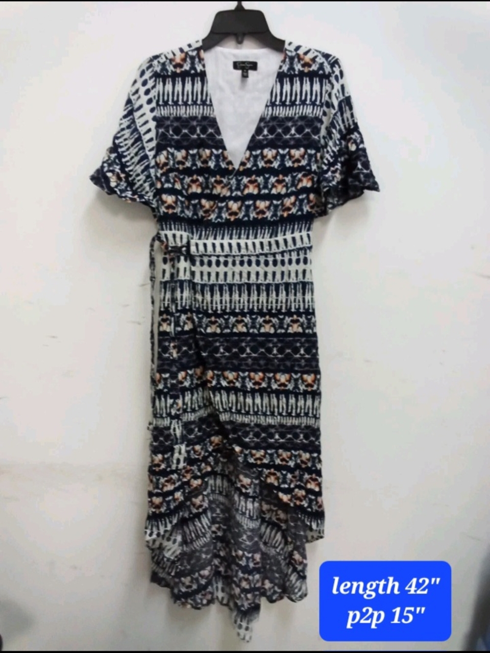 Jessica Simpson Navy & Ivory Printed High-Low Wrap Dress